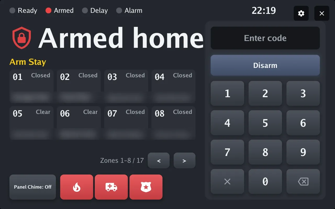 Home alarm: Alarm state, zones, keypad and supported panel actions.