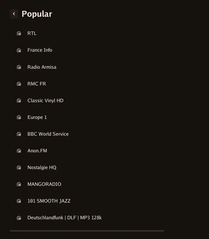 Internet radio: Popular stations from Radio Browser.