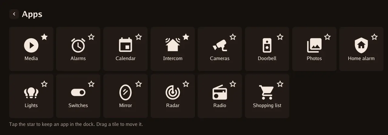 Apps: The complete app launcher; stars keep favourites in the dock.