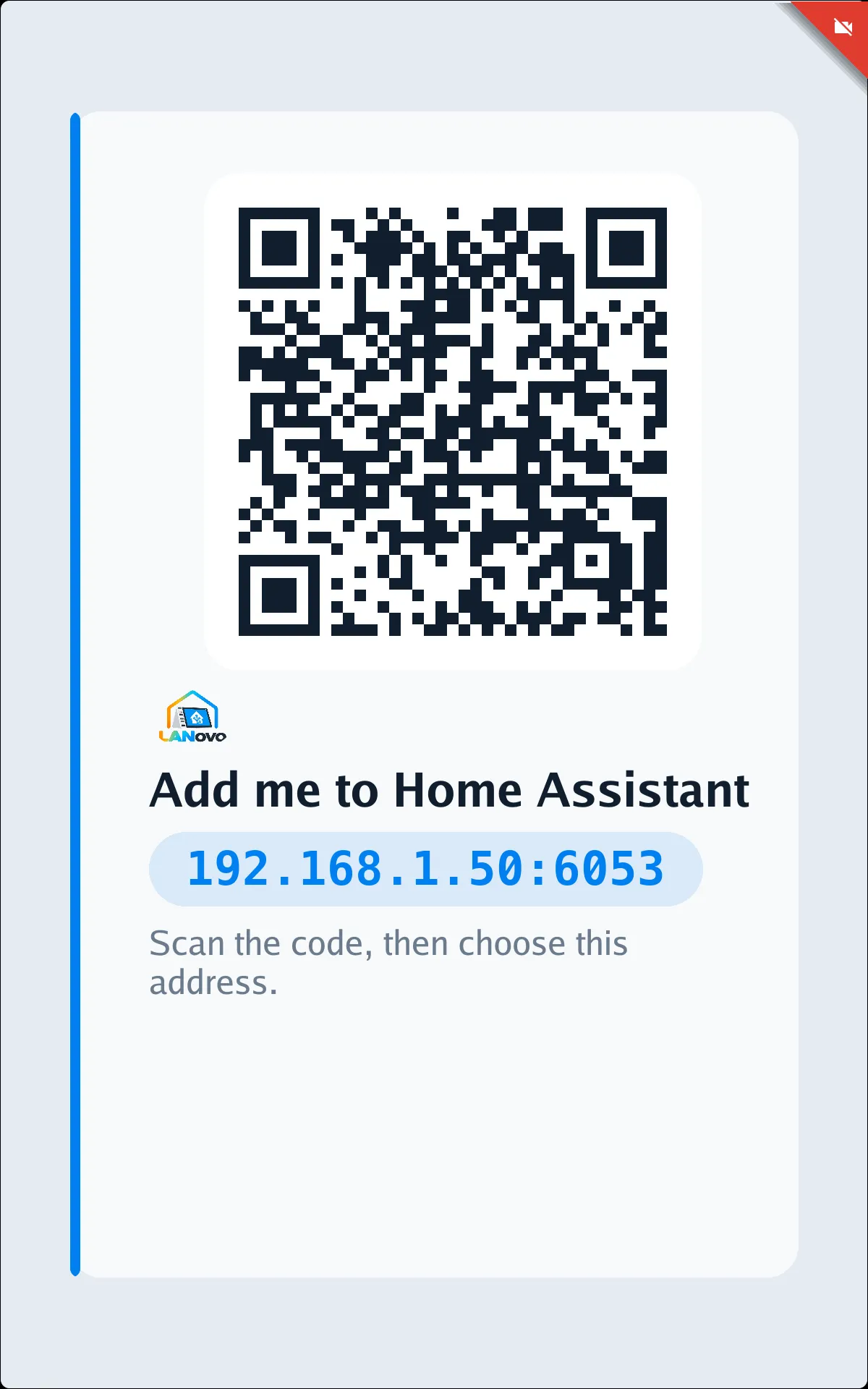 The onboarding card, with a QR code and the display's address