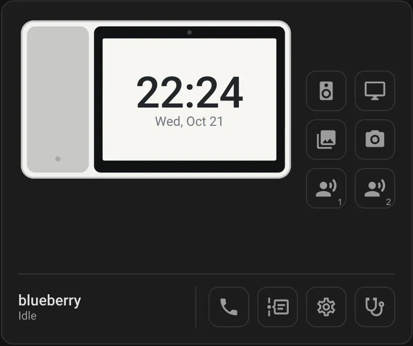 The card for a Smart Display 10: the display drawn with its clock and date, buttons for each area, and call, activity, settings and diagnostics