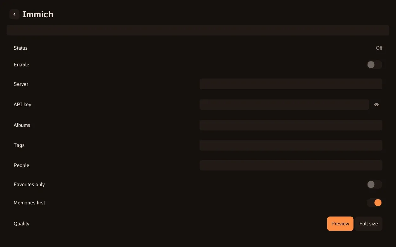 Immich: Server, API key, library filters and image quality.