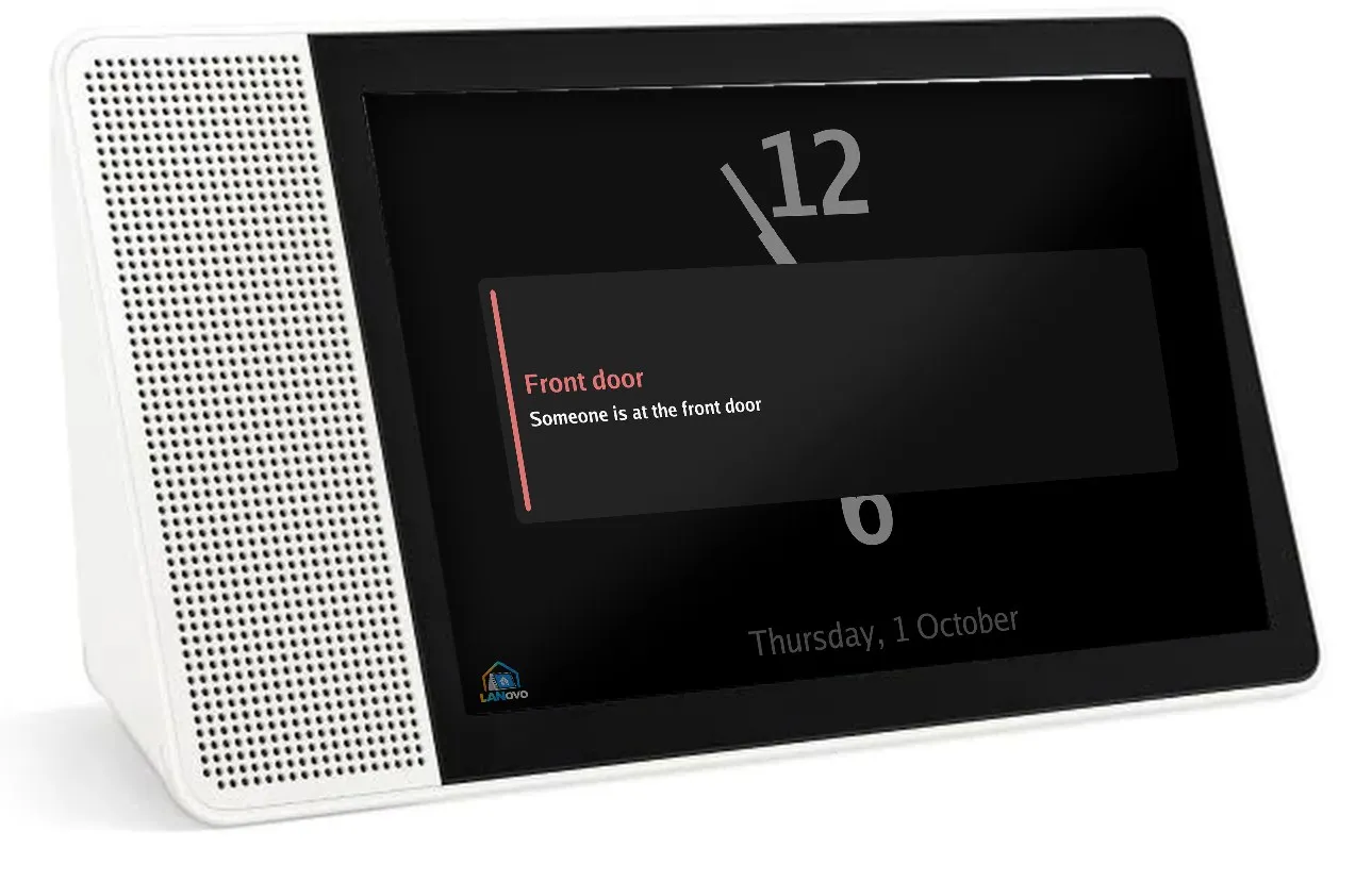 A Smart Display 10 in landscape showing a front door alert