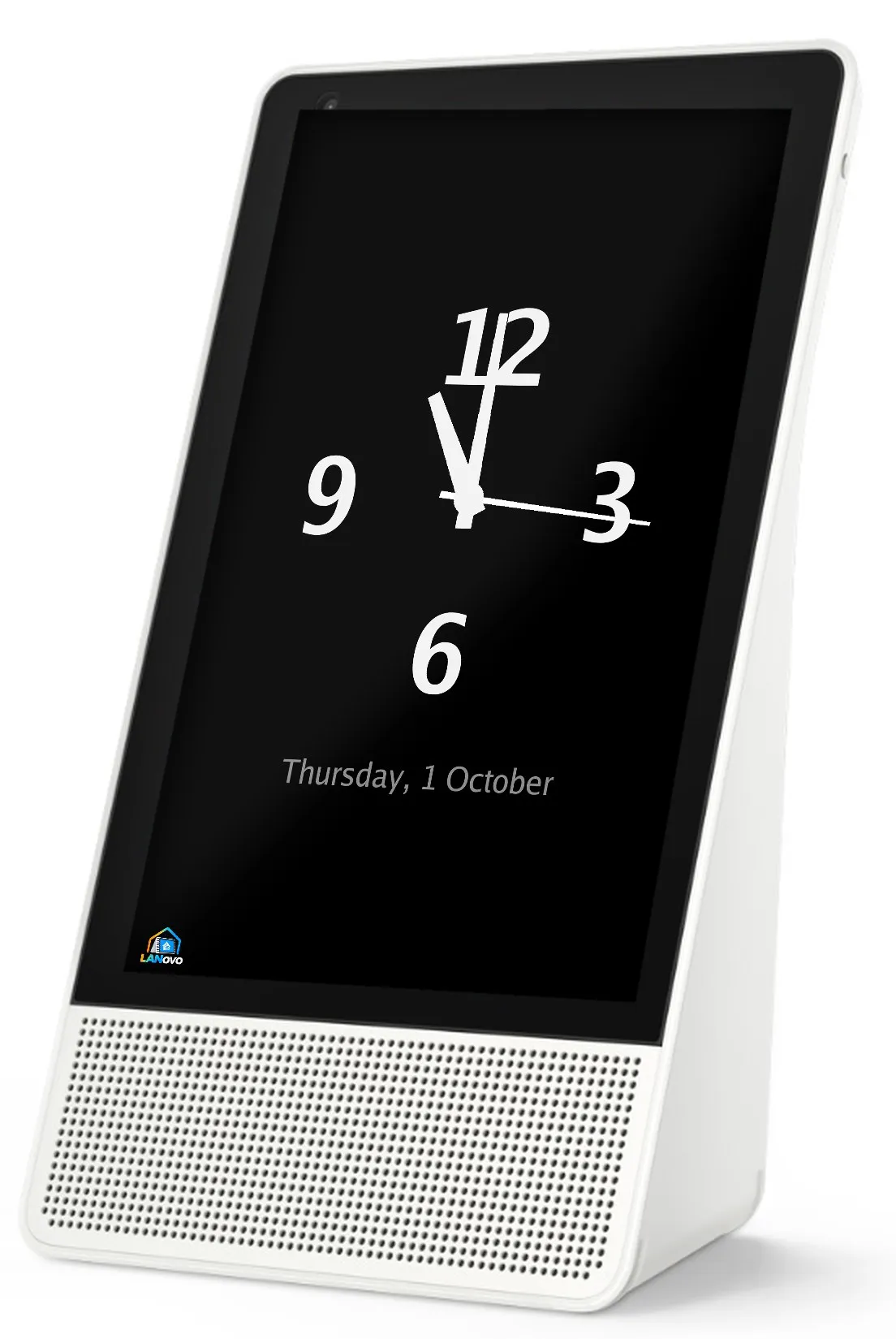 A Smart Display 10 standing upright with the LANovo clock