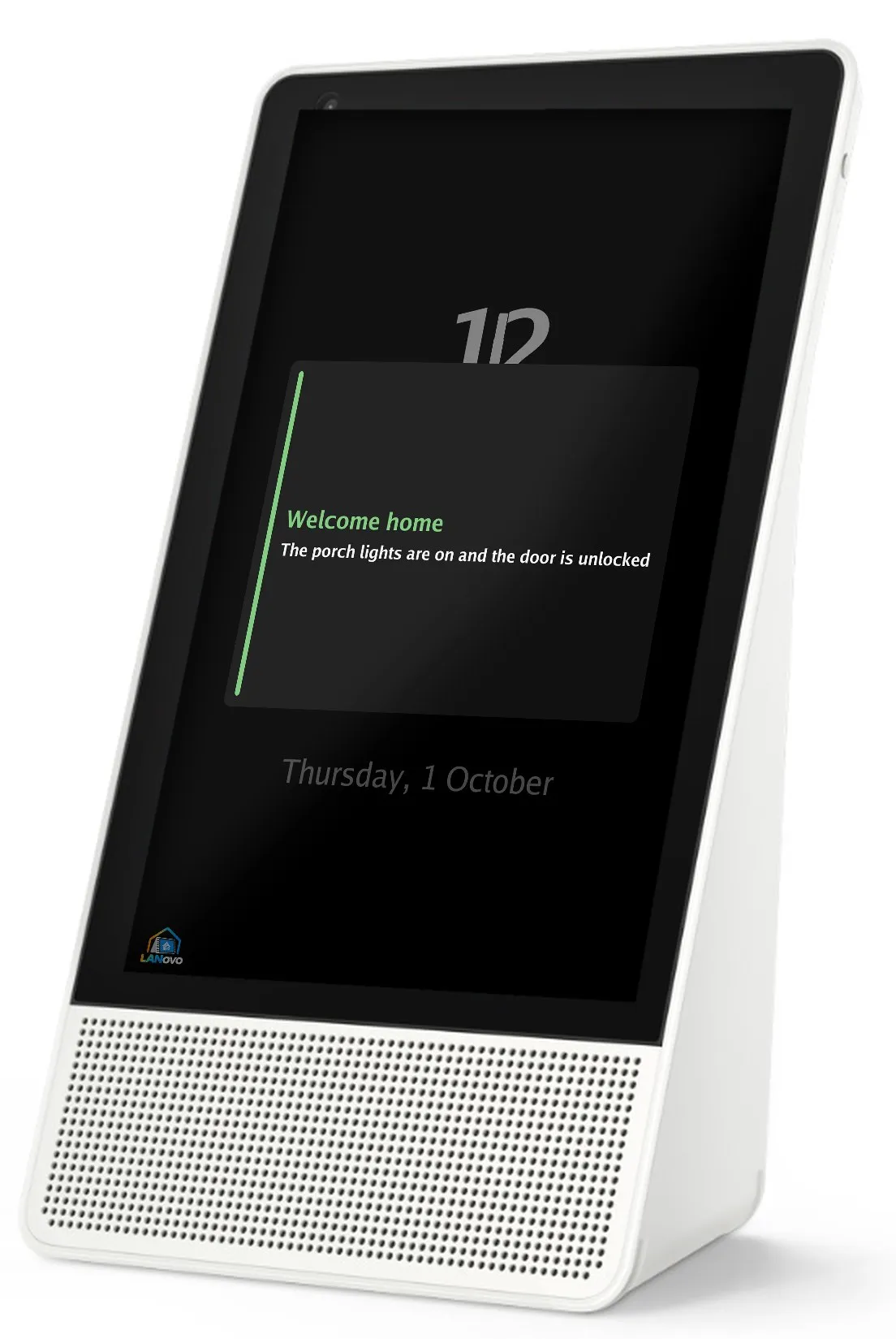 An upright Smart Display 10 showing a welcome home message