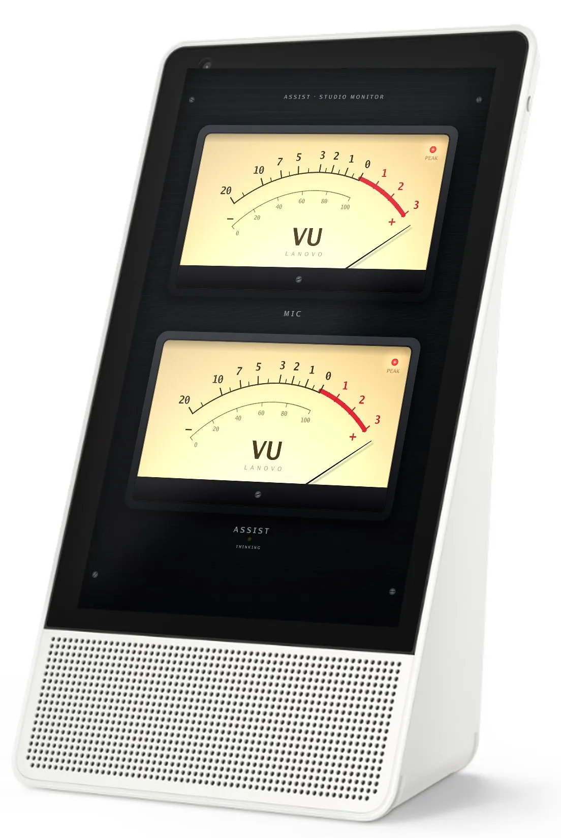 A Smart Display 10 standing upright, showing the VU meters