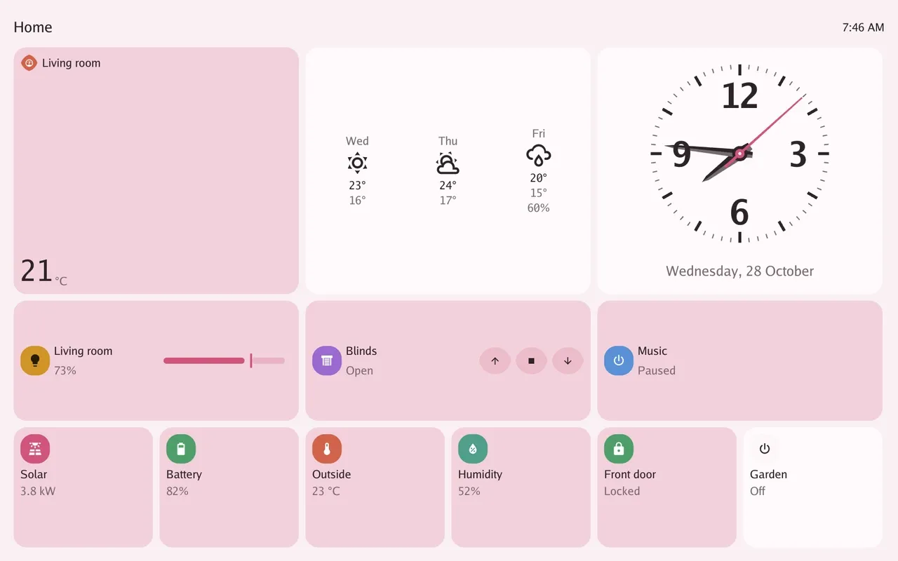 Tessera: A demonstration layout with weather, a clock, media, sensors and home-control tiles.