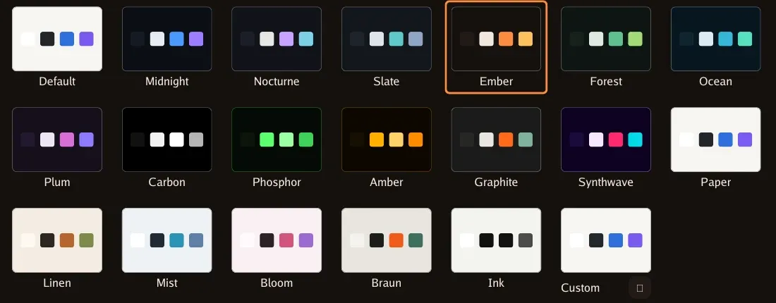 The complete theme picker, including Default, built-in palettes and Custom