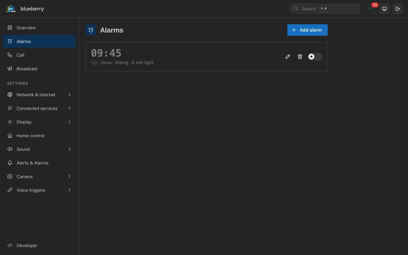 The Alarms page with one alarm