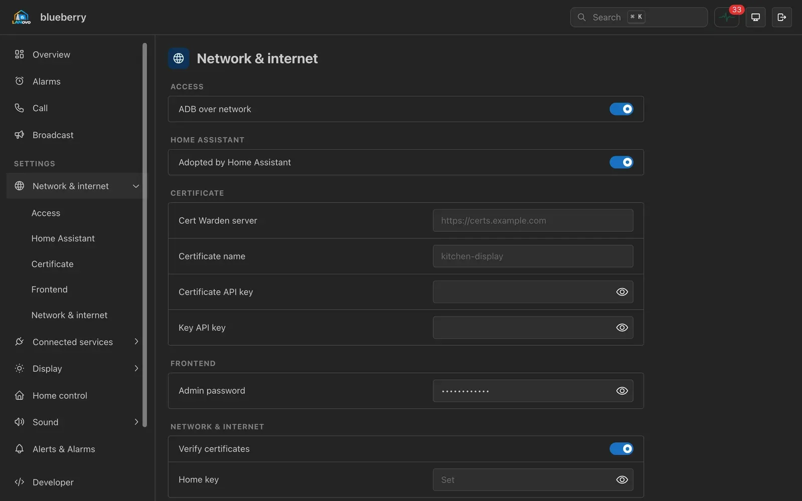 The Network & internet page: Cert Warden settings, the admin password and the home key