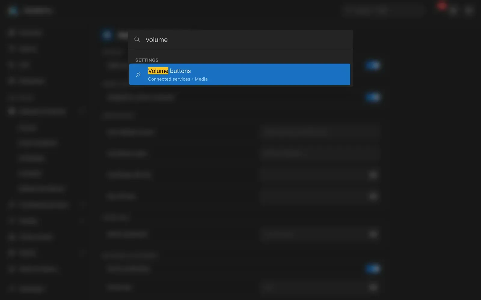 Search finding the Volume buttons setting