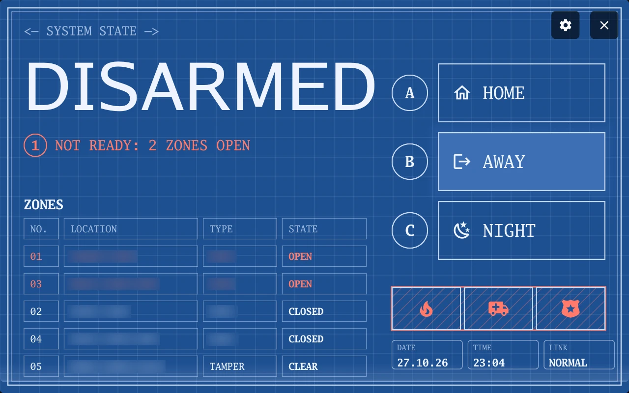 Home alarm in the Blueprint design with rehearsal data