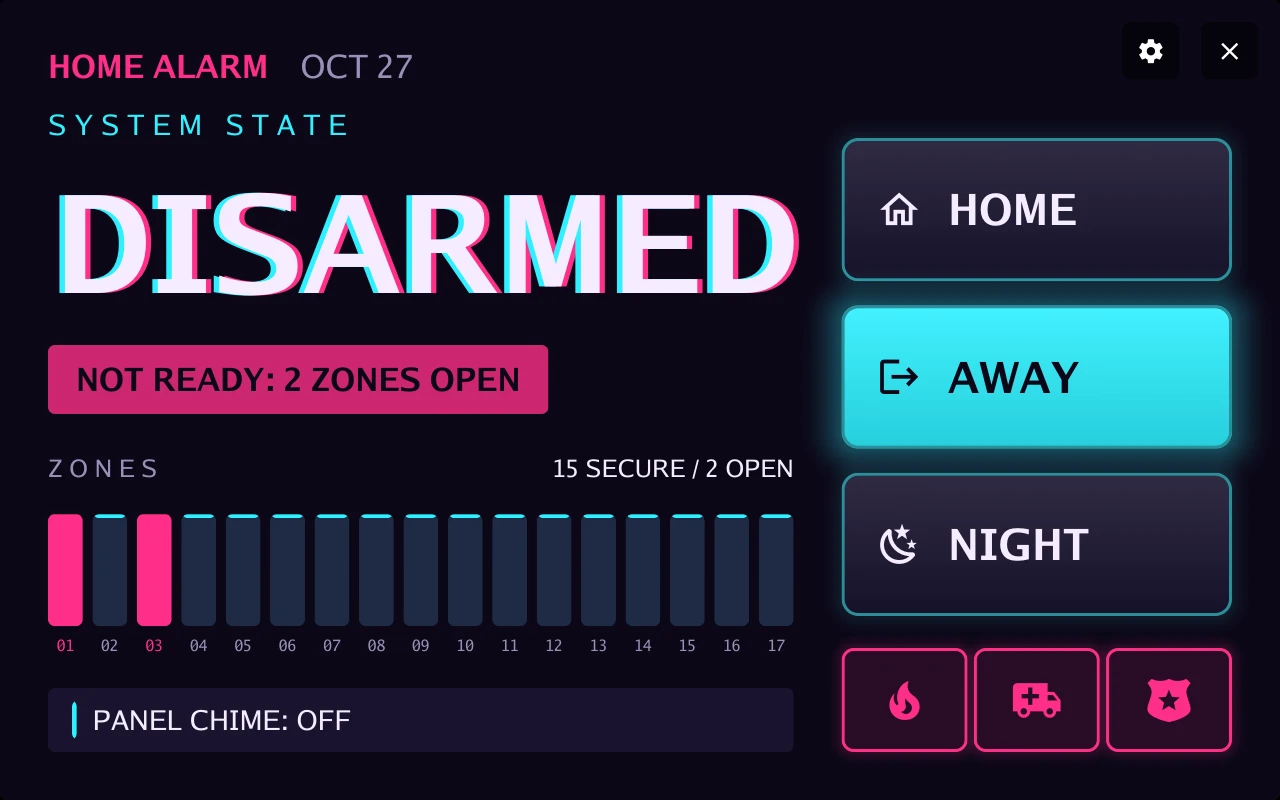 Home alarm in the Neon design with rehearsal data